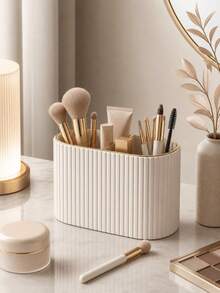 Makeup Brush Holder/PU Leather Cosmetic Display Box/Retro Striped Makeup Brush Rack - Suitable For Vanity Decoration, Bathroom Countertop, Desk Storage Cosmetic Display Box (Cream) , Makeup Room Decor,Makeup Bag,Travel Essential - Multicolor - View 8