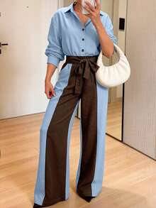 Women's Spring/Autumn Lapel Long Sleeve Solid Color Blouse + High Waist Colorblock Patchwork Wide Leg Pants 2 Pieces Set - Baby Blue - View 4
