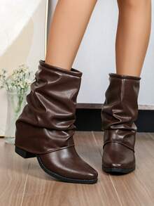 WTKMRSSTEP 1 Pair Vintage Ruched Mid-Calf Boots For Women, Square Toe Chunky Heel Western Style Riding Boots, Slimming Fashion Boots - Brown - View 3