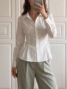 Women's Ruffle Trim Side Tie Long Sleeve Button Shirt, Casual Autumn Daily Commute Outing Date Outfit - White - View 8