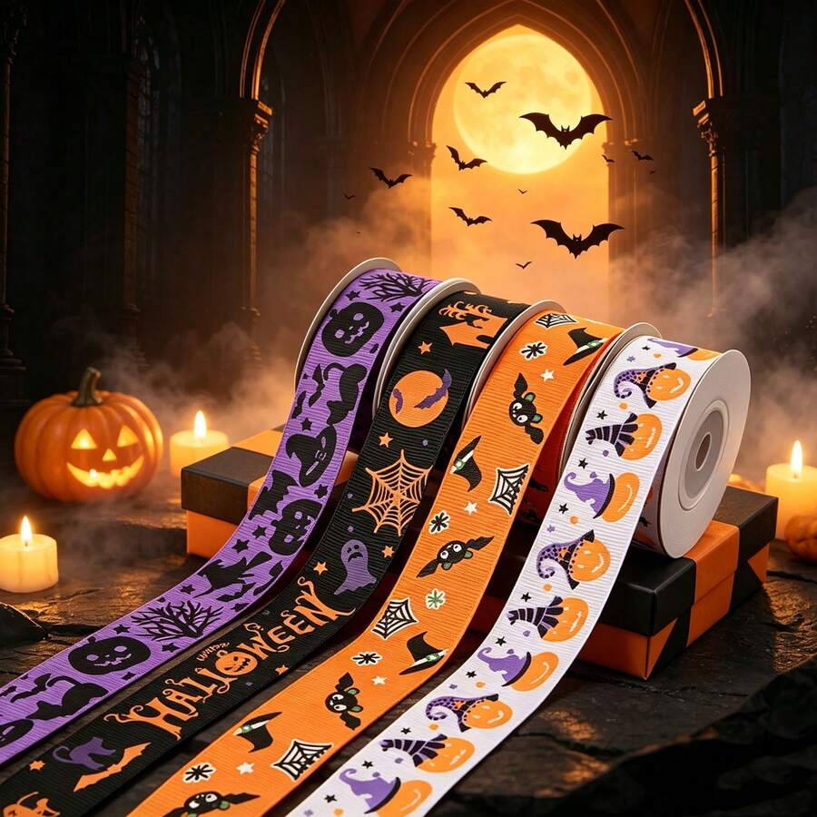 4/1pc Halloween Ribbon Set, Multi-Color Premium Smooth Fabric Ribbon, Gift Wrapping Ribbon, DIY Hair Bow Making Ribbon, Bouquet Binding, Window And Party Decoration, Multi-Purpose High-End Atmosphere Halloween Craft Supplies - Multicolor - View 1