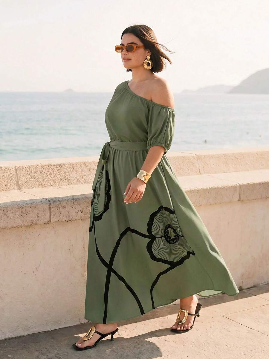 CAJUNI Plus Size Women's Vacation Asymmetrical Shoulder Floral Print Elegant Dress Summer - Multicolor - View 1