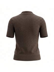 Women's Short Sleeve High Neck Sweater Autumn Regular Fit High Elasticity Top - Khaki - View 10