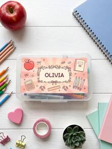 1pc Custom Text Pencil Case, Transparent Stationery Storage Box, Custom Cartoon Pattern Pencil Box, Back To School Supplies Gift - Multicolor - View 10