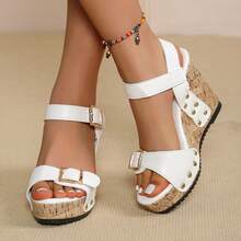 Women's Platform Wedge Sandals, Open Toe Double Buckle Sandals With Rivets, Cork Bottom Casual Summer Chunky Heel Shoes - White - View 3