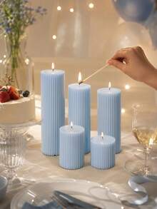 7.87 Inch - 1.97 Inch Blue Vertical Striped Cylindrical Candles, Multiple Sizes, Birthday Gift, Luxury Decor, Room Decor, Autumn Decor, Bedroom, Halloween, Christmas - Blue - View 6