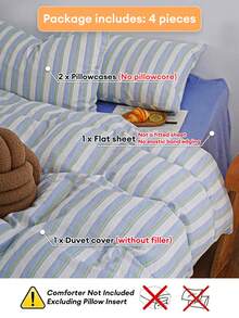 Fresh Blue & Green Vertical Striped 4-Piece Bedding Set, Puff Texture Synthetic Material, Japanese Style, Includes 1 Duvet Cover, 1 Bed Sheet, 2 Pillowcases, Duvet Insert And Pillow Insert Not Included - Teal - View 6