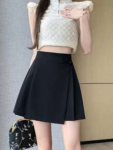 Rok celana model baru gaya Cina, model lilitan asimetris, warna hitam, berlipit, dengan kerah diagonal dan desain kancing katak, anti-terbuka untuk musim panas. - Hitam - View 1