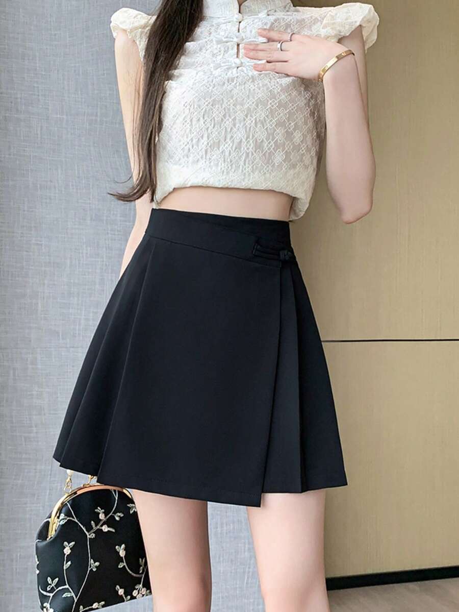 Rok celana model baru gaya Cina, model lilitan asimetris, warna hitam, berlipit, dengan kerah diagonal dan desain kancing katak, anti-terbuka untuk musim panas. - Hitam - View 1