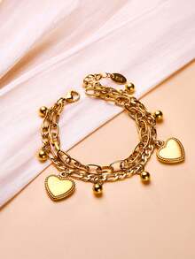 Vintage Double Layer Heart Pendant Gold Bracelet, Chunky Chain With Heart Charm And Small Gold Bead Pendant, European And American Retro Style Women's Accessory, Adjustable Chain Length, Layered Design, Suitable For Daily Wear And Party, Niche Design, Support Layering, Popular Heart Jewelry, Perfect For Gifting Or Personal Use - Heart Pendant Bracelet - View 2
