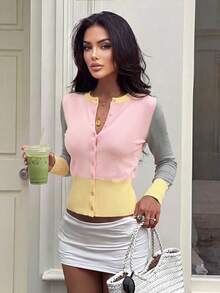 Women's Autumn Casual Pink Set: Ribbed Knit Colorblock Cardigan Sweater, Basic Top. Elegant Style Fall - Multicolor - View 11
