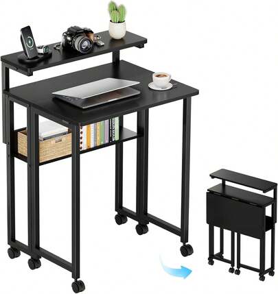 GreenForest Folding Desk With Adjustable Monitor Stand, 24.8 In Small Desk| Storage Shelf, Lockable Wheels, Portable, Space Saving, Mobile Rolling Table Small Spaces, Home Office, Writing, Walnut