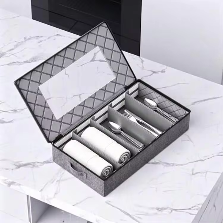 1pc 5-Compartment Large Capacity Dust-Proof Transparent Lid Linen Fabric Cutlery Organizer, Modern Minimalist Pure Gray Rectangular Quilted Diamond Stitch Lining Side Handle Removable Divider Knife Fork Spoon Sorting Storage Box For Kitchen Cabinet Drawer Dining Room Housewarming Wedding Gift - View 2