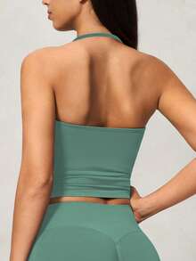 Yefecy Tank Top Yoga Impact Sports Terbaru, Kemeja Yoga Kebugaran Wanita, Pakaian Olahraga, Crop Top Tanpa Punggung dengan Detail Kerut dan Bra Terintegrasi untuk Musim Semi - Hijau - View 3