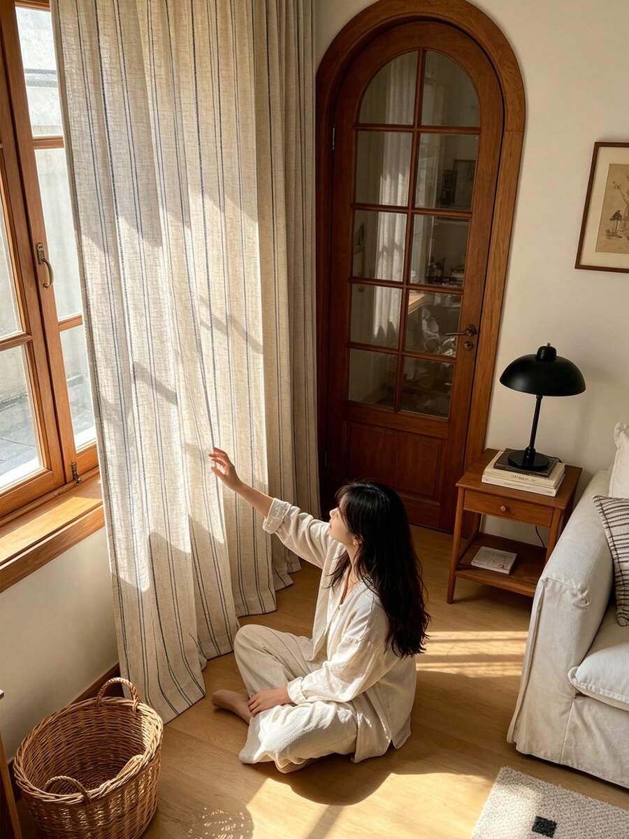 1pc Solid Color Striped Linen Modern Linen Gauze Curtain - Japanese Linen Style, Rod Pocket Design, Suitable For Living Room And Bedroom - Transparent And Light Filtering Curtain, Living Room Curtain, Bedroom Curtain (Tie Backs Not Included) - Multicolor - View 1