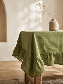 1pc Green Background White Polka Dot Pattern Ruffle Edge Tablecloth, Fresh Natural Style, Rectangular With Ruffle Edge And Pleated Detail, Decorative And Functional For Home Dining - Green - View 7