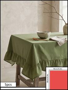 1pc Green Background White Polka Dot Pattern Ruffle Edge Tablecloth, Fresh Natural Style, Rectangular With Ruffle Edge And Pleated Detail, Decorative And Functional For Home Dining - Green - View 11