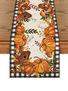 1pc Autumn Table Runner Home Party Decor, Buffalo Plaid Pumpkin Mushroom Birdhouse Leaf Pattern, Seasonal Kitchen Dining Table Decoration - Black and White - View 5