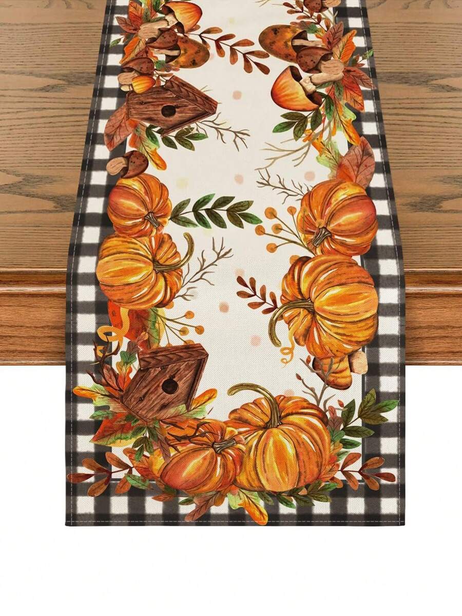 1pc Autumn Table Runner Home Party Decor, Buffalo Plaid Pumpkin Mushroom Birdhouse Leaf Pattern, Seasonal Kitchen Dining Table Decoration - Black and White - View 1