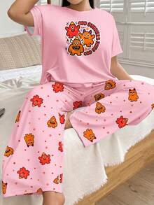 Plus Size Women's Casual Wearable Loungewear Pajama Set, Cute Quirky Cartoon Monster Print Short Sleeve Top & Long Pants 2 Pieces Set - Pink - View 3