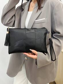 2026新款韓版女款信封包 時尚流蘇拼接信封女包 流蘇單肩手提小方包 - 黑色 - 查看 2