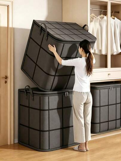 1pc Minimalist Thickened Fabric Storage Box, Wide Anti-Slip Handle, Dust-Proof Large Capacity Wardrobe Organizer Bin, Suitable For Clothes, Bedding, Plush Toys, Seasonal Gift Style, Ideal For Seasonal Change, Home Clutter Organization And Family Storage