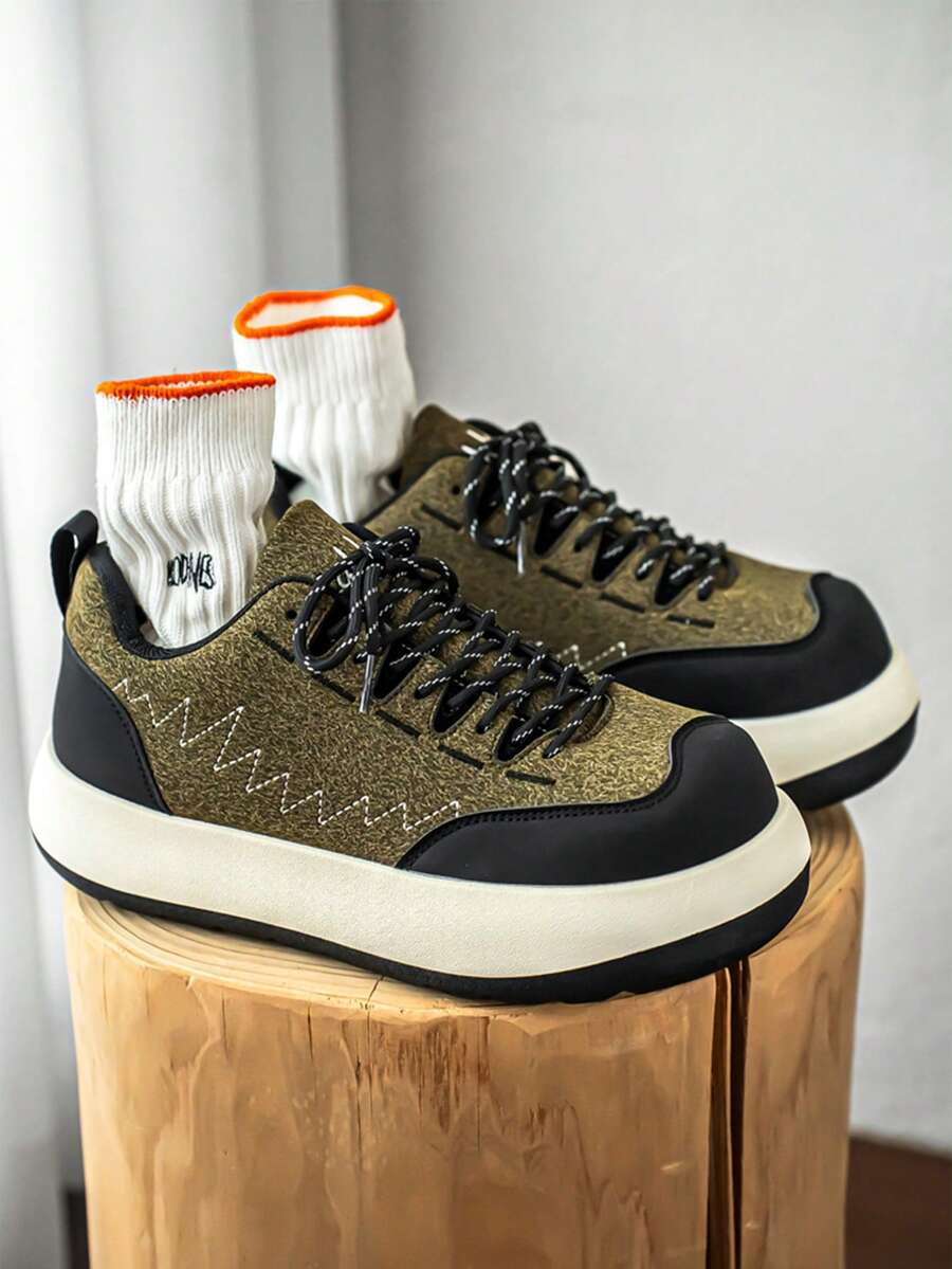 Men's Derby Shoes CLEANFIT Big Toe Chunky Sneakers Casual Thick Sole Invisible Height Increase 7CM Versatile Cross-Border Wide Toe Work Shoes, Comfortable Outdoor Non-Slip Casual Shoes; - Army Green - View 1
