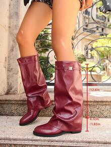 1 Pair Popular Folded Pleated Boots Fashion Buckle Flat Comfortable Solid Color Western Style Casual Microfiber Leather Mid-Calf Boots For Holiday Party Autumn Winter - Burgundy - View 7