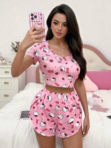 Noctvar OBM Sleepwear X Hello Kitty Hello Kitty Cartoon Print Short Sleeve & Shorts Loungewear Set, Sweet Girly Style 2 Pieces Pajama - Pink - View 2