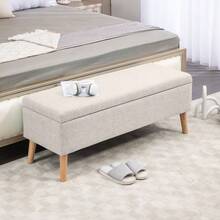 Upholstered Bench With Storage 110 X 39 X 45 Cm In Beige With Linen Look For Hallway, Bedroom, Living Room, Made Of Rubberwood - Beige - View 7