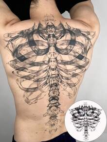 Realistic Skeleton Ribs Temporary Tattoo Sticker - Unisex Large Size Full Back Waterproof Realistic Tattoo Sticker, Long-Lasting Black & Gray Spine Body Art Sticker, Suitable For Gothic Style, Halloween, Cosplay And Fashion Looks - Halloween - View 4