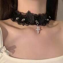 1pc Lace Trim Angel Wings Cross Studded Choker Necklace Collar Chain - White - View 8