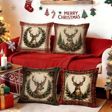 4pcs Vintage Plaid Deer Christmas Pattern Pillow Covers, Single-Sided Printed Pillow Covers, Suitable For Living Room, Bedroom, Home Decor, All Season Pillow Covers - Multicolor - View 2