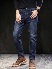 Men's Minimalist Slim Fit Denim Jeans With Light Distressed Cat Whisker Wash, Comfortable Stretch Fit, Non-Tight, Versatile Casual Everyday Work Jeans - Dark Wash - View 2