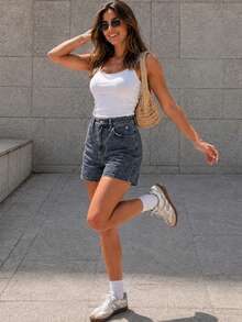 High-Waisted, Light Blue, Full-Fit Denim Shorts: The Savior Of Your Summer Outfits. - Medium Wash - View 4