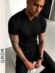 GRDR Suéter de punto de manga corta de unicolor para hombres, de moda para el verano - Negro - Ver 3