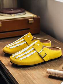 Halloween Skeleton Claw Pattern Men's Sandals, Closed Toe Mule Shoes With Adjustable Buckle, Suede Backless Design, Slip-On Casual Flat Half-Slippers - Yellow - View 2