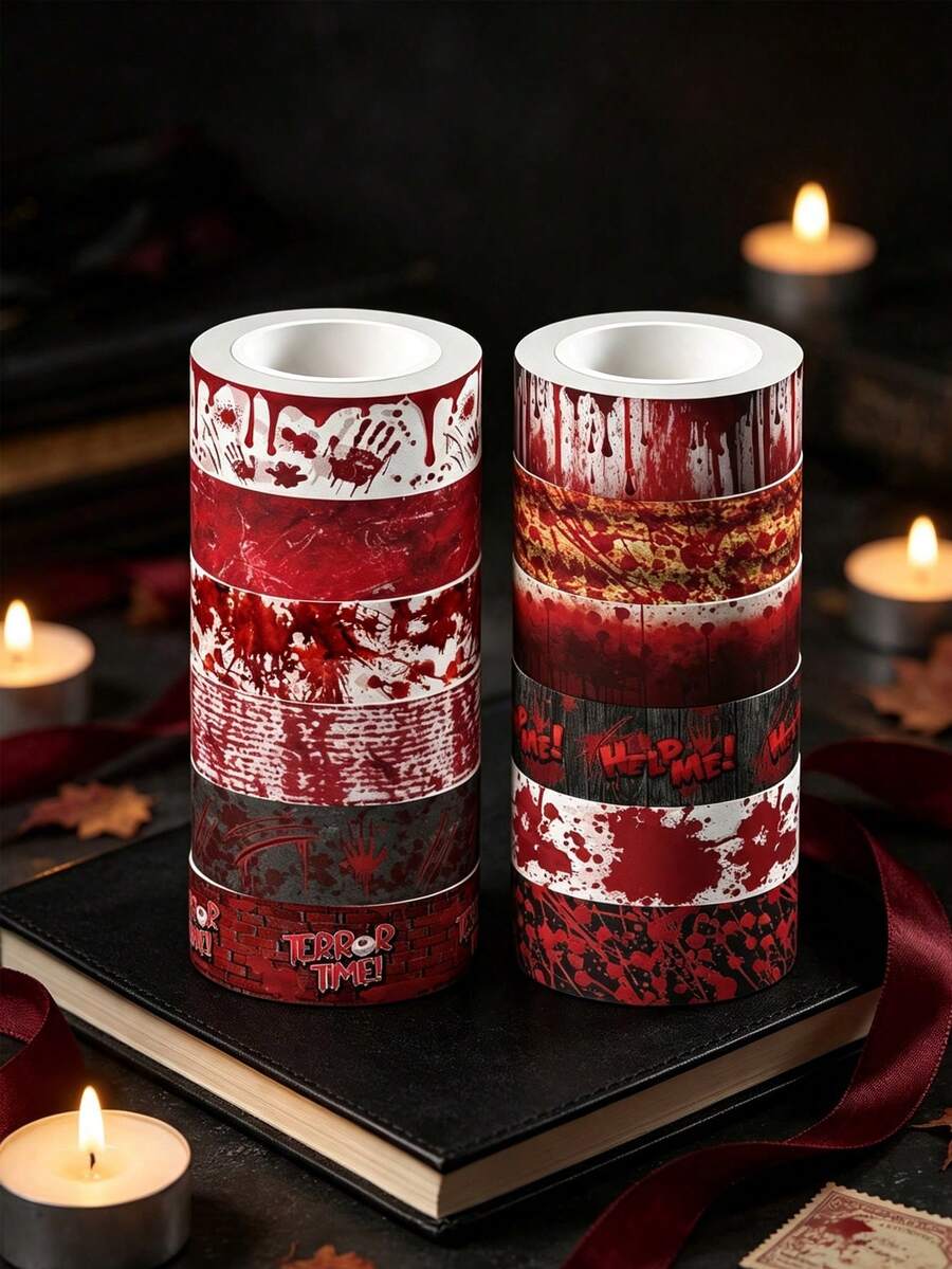3pcs Halloween Bloodstained Handkerchief And Washi Tape, Featuring Gory Handprint And Ink Splatter Patterns, DIY Handkerchief Materials, Party Decorations, Suitable For Scrapbooking, Gift Wrapping, Handkerchief Collages, And Craft Decorations. - Multicolor - View 1