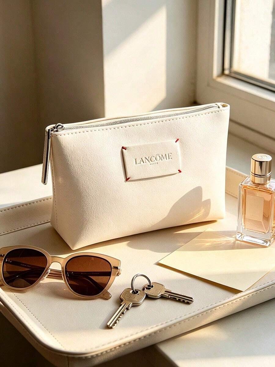 Lancôme Matte Ivory Waterproof Faux Leather Cosmetic Bag, No Rivet Stitched Label, Portable Foldable Travel Makeup Organizer Bag LANCOME-GIFT-15 - White - View 1