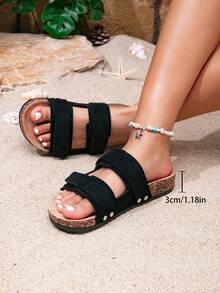 Women's Vintage Open Toe Breathable Sandals, Double Buckle Design Casual Fashion Flat Sandals, Suitable For Daily Wear, Beach, Home, Commute, Shopping, Travel, Summer Sandals - Black - View 4
