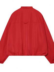 1pc Women's Solid Color Fashion Casual Loose V-Neck Long Sleeve Aviator Stand Collar Jacket, Suitable For Autumn Wear - Red - View 4