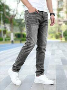 Men's Classic Grey Denim Stretch Jeans - Grey - View 3