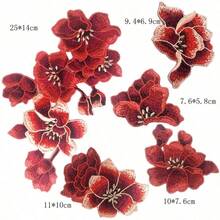 10/15片 5片/組 紅色木蘭花水溶性刺繡貼花，適用於洋裝、旗袍、衣物裝飾 DIY - 紅色 - 查看 2