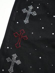 Shorts de mezclilla casuales para hombre con bolsillos y strass cruzado - Negro - Ver 2