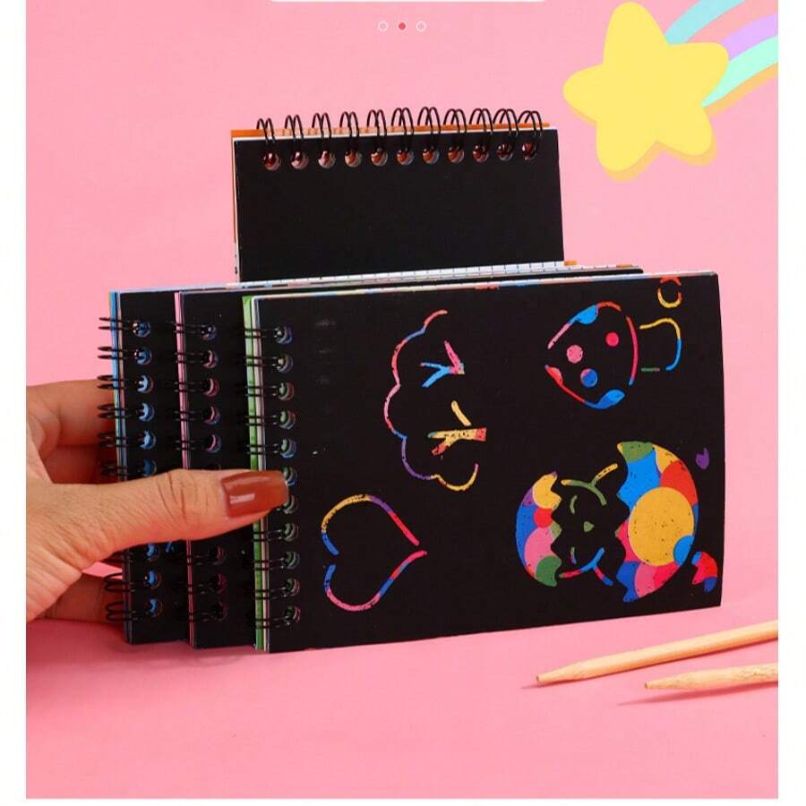Art Paper Coil Scratch Art Book, Colorful Portable Scratch Painting, Creative Thickened, 1 Book With 8 Pages, Includes 1 Bamboo Pen, Student DIY Free-Hand Drawing Book, Educational And Fun, Doodle Art Scratch Painting Book, Multiple Styles Available