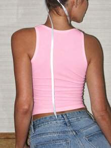 Top corto con escote en V y adornos de rhinestone para mujer, color rosa, de estilo casual para el verano - Rosa - Ver 6