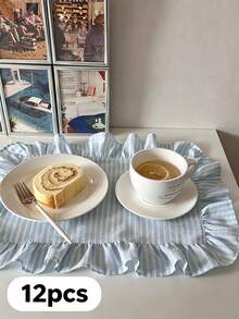 10件/12件/18件韓系Ins風藍白條紋蕾絲餐巾，法式荷葉邊餐墊，清新桌布 - 彩色 - 查看 13
