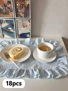10件/12件/18件韓系Ins風藍白條紋蕾絲餐巾，法式荷葉邊餐墊，清新桌布 - 彩色 - 查看 14