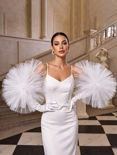 1 Pair White Elbow-Length Satin Bridal Gloves, Extra Large Fluffy Tulle Ruffle Wedding Gloves, Suitable For Bridal Photography, Elopement Wedding, Formal Evening Party