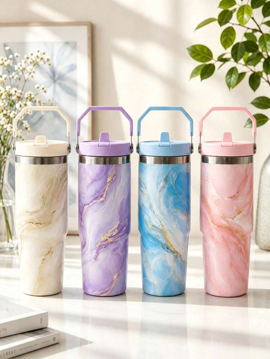 1pc 30oz/900ML Ins Style Sweet Bow Pattern Ice Tumbler With Handle, Portable Stainless Steel Insulated Cup, Large Capacity Car Water Cup, Student Office Worker Commute Sports Outdoor Universal Cold And Hot Insulated Cup, Vacuum Flask And , Back To School, Halloween, Christmas, Party Cup, Drinkware Set, Flat Bottom Cup, Water Bottle, Cold And Hot Insulated Bottle With Lid And Straw - Multicolor - View 1